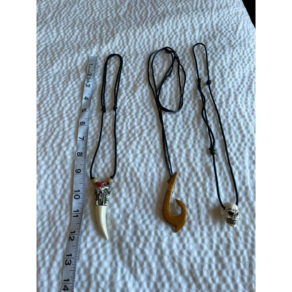 3 Wooden Fish Hook Skull Tooth Pendant Necklaces Set Mens Tribal Hawaiian Surfer - Picture 7 of 7